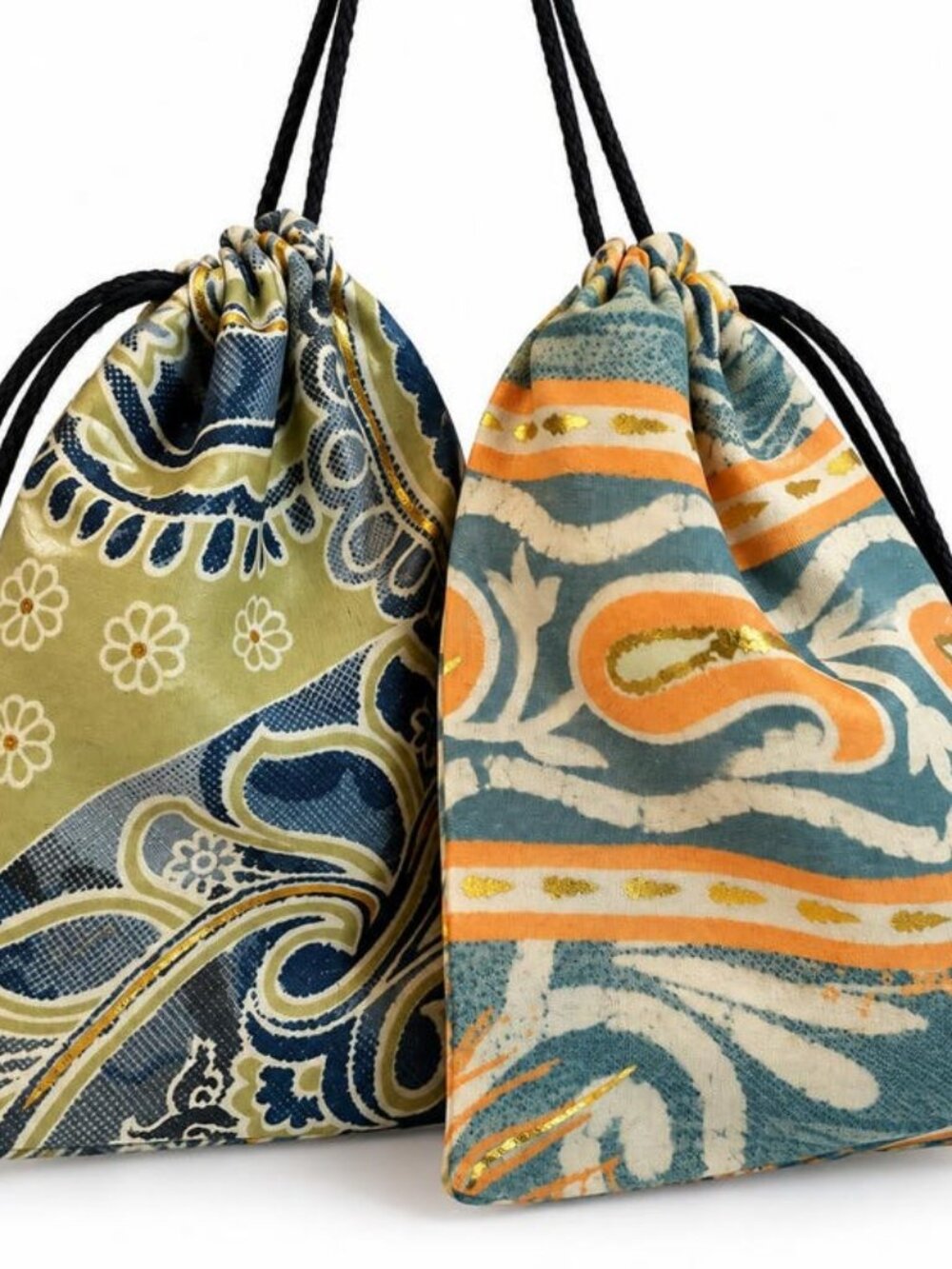 Thearah Vegan Silk Drawstring Pouches, Assorted Prints, 4 Piece Set